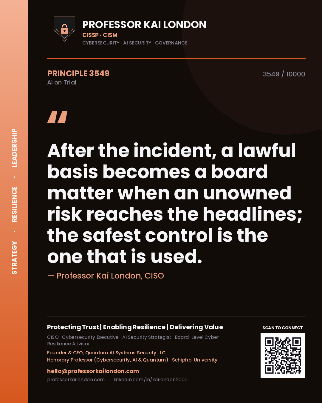 Quote card by Professor Kai London reading 'After the incident, a lawful basis becomes a board matter when an unowned risk reaches the headlines; the safest control is the one that is used.'. From the book AI on Trial.