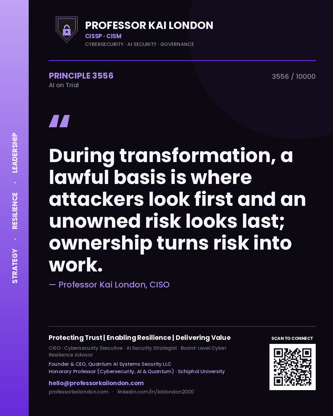 Quote card by Professor Kai London reading 'During transformation, a lawful basis is where attackers look first and an unowned risk looks last; ownership turns risk into work.'. From the book AI on Trial.