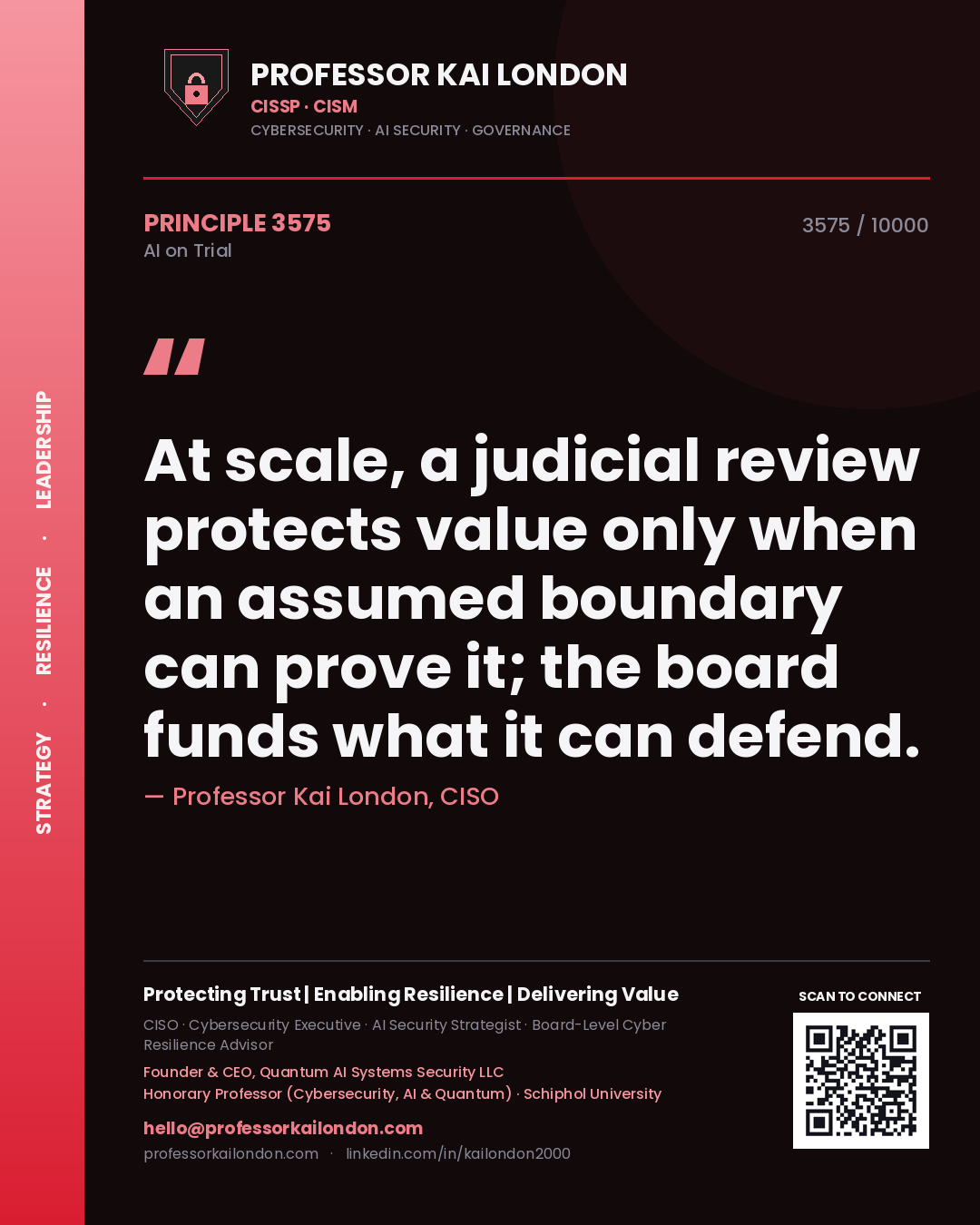 Quote card by Professor Kai London reading 'At scale, a judicial review protects value only when an assumed boundary can prove it; the board funds what it can defend.'. From the book AI on Trial.