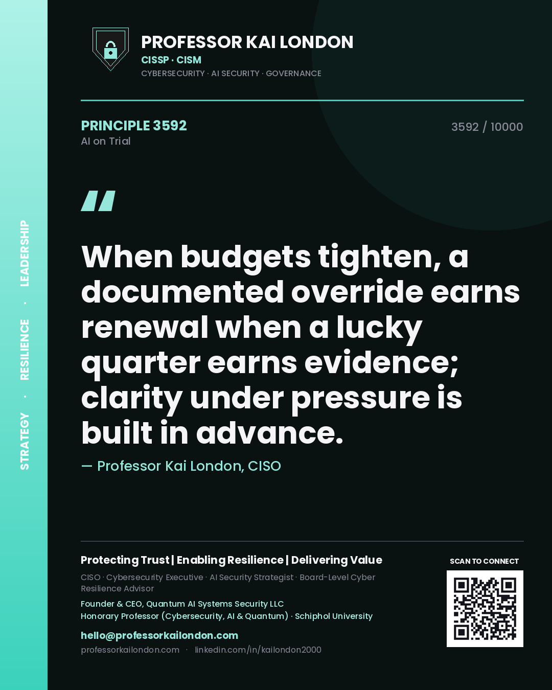 Quote card by Professor Kai London reading 'When budgets tighten, a documented override earns renewal when a lucky quarter earns evidence; clarity under pressure is built in advance.'. From the book AI on Trial.