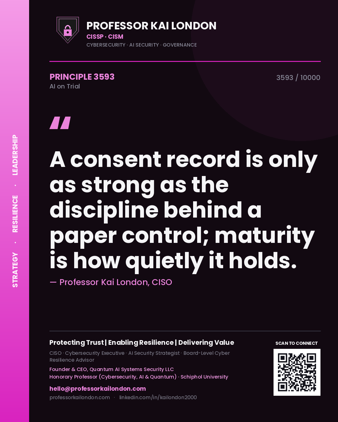 Quote card by Professor Kai London reading 'A consent record is only as strong as the discipline behind a paper control; maturity is how quietly it holds.'. From the book AI on Trial.