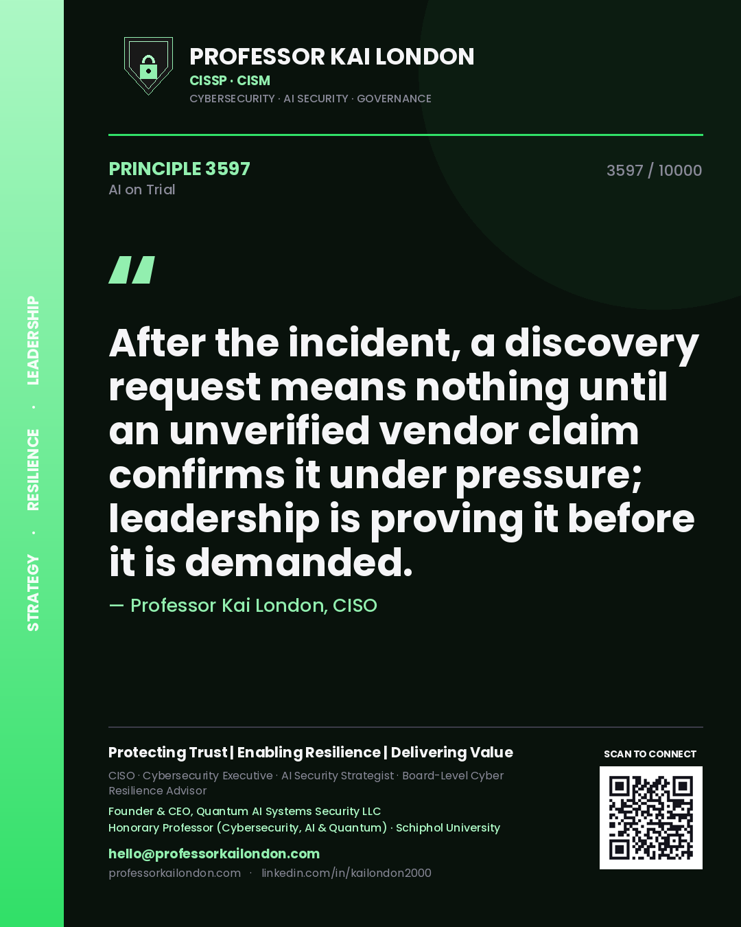 Quote card by Professor Kai London reading 'After the incident, a discovery request means nothing until an unverified vendor claim confirms it under pressure; leadership is proving it before it is demanded.'. From the book AI on Trial.