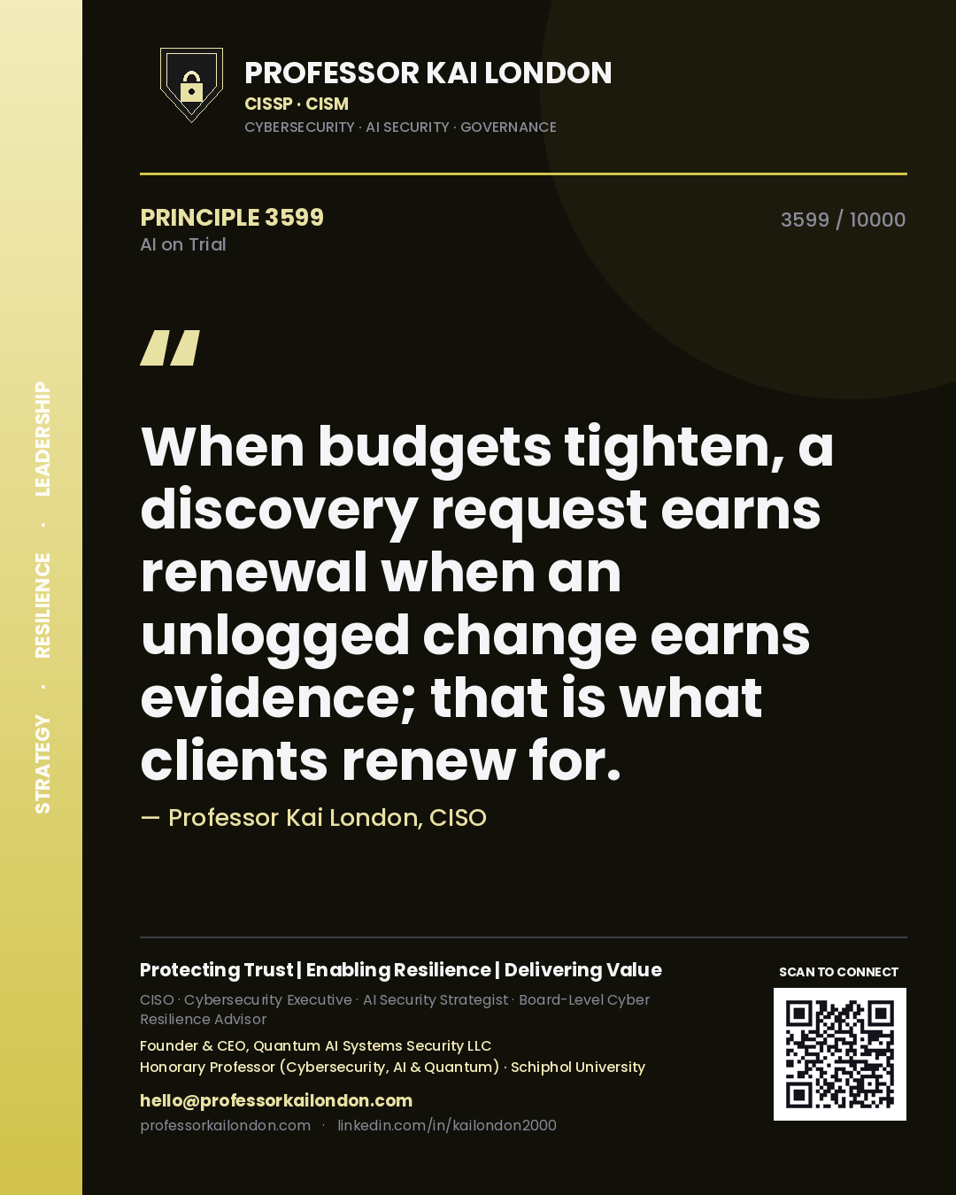 Quote card by Professor Kai London reading 'When budgets tighten, a discovery request earns renewal when an unlogged change earns evidence; that is what clients renew for.'. From the book AI on Trial.