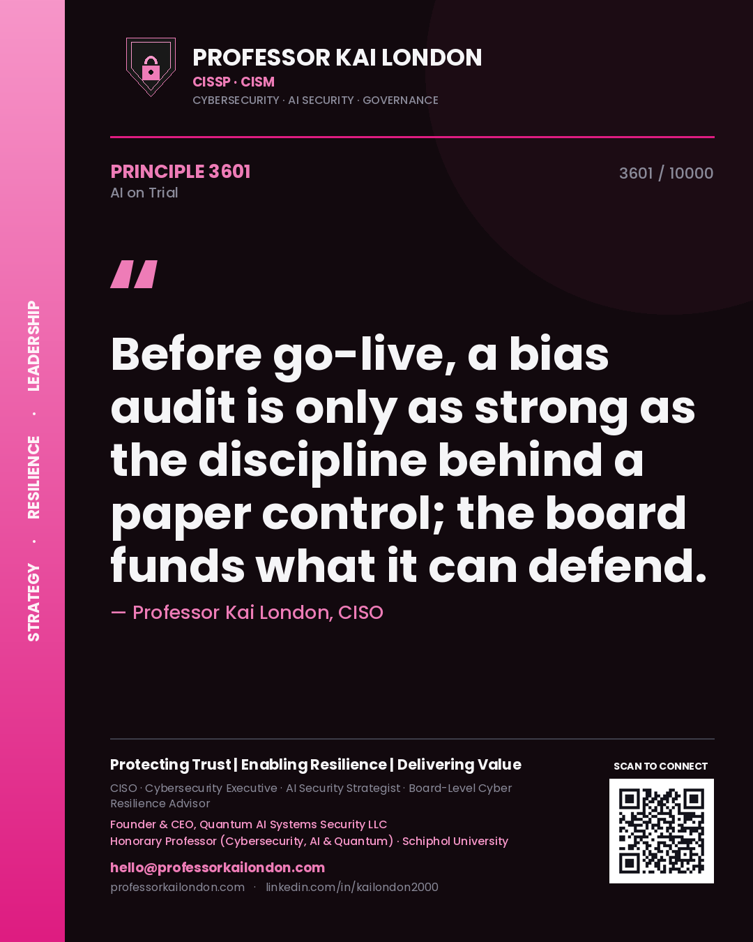 Professor Kai London principle 3601: Before go-live, a bias audit is only as strong as the discipline behind a paper control; the board funds what it can defend.
