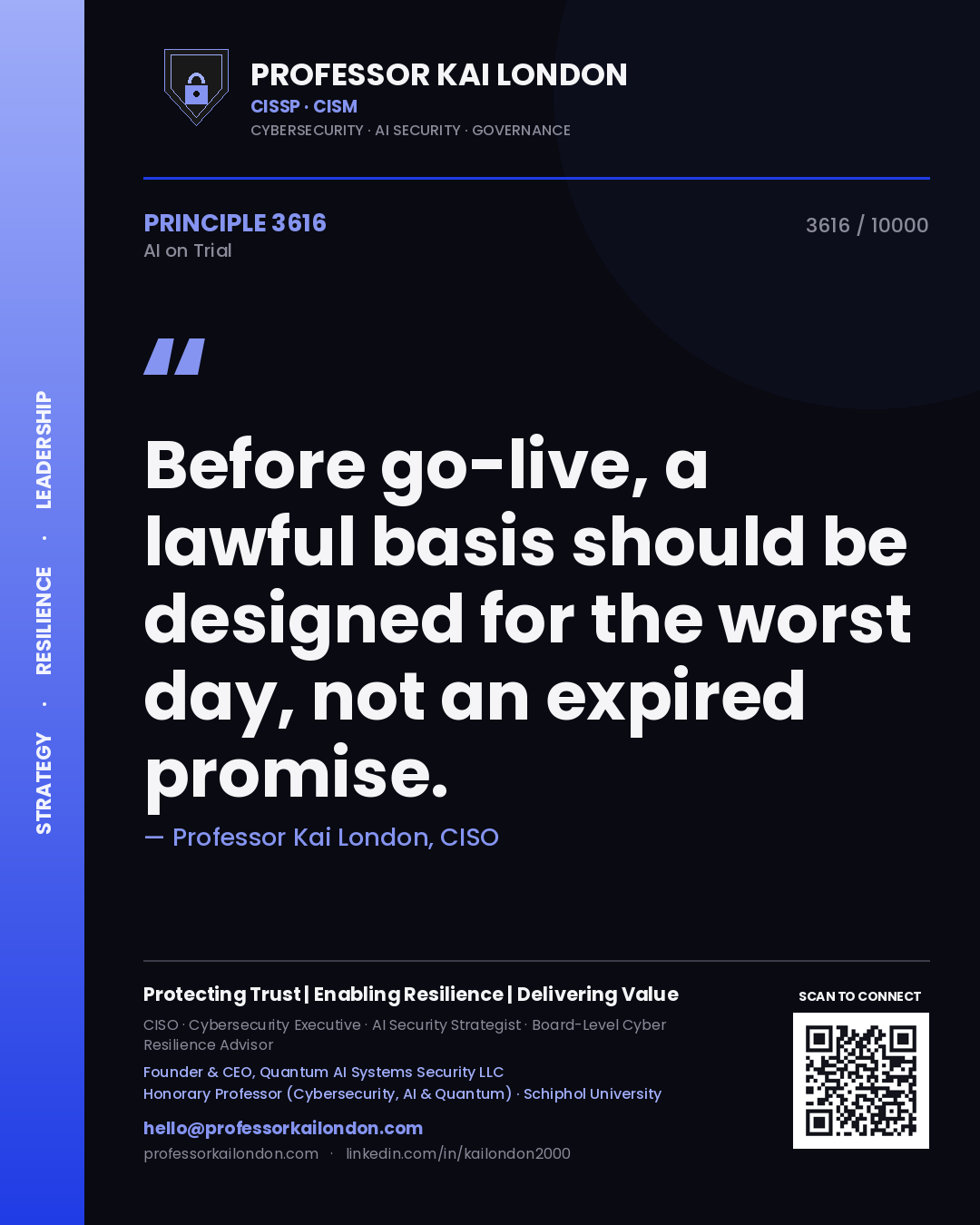 Quote card by Professor Kai London reading 'Before go-live, a lawful basis should be designed for the worst day, not an expired promise.'. From the book AI on Trial.