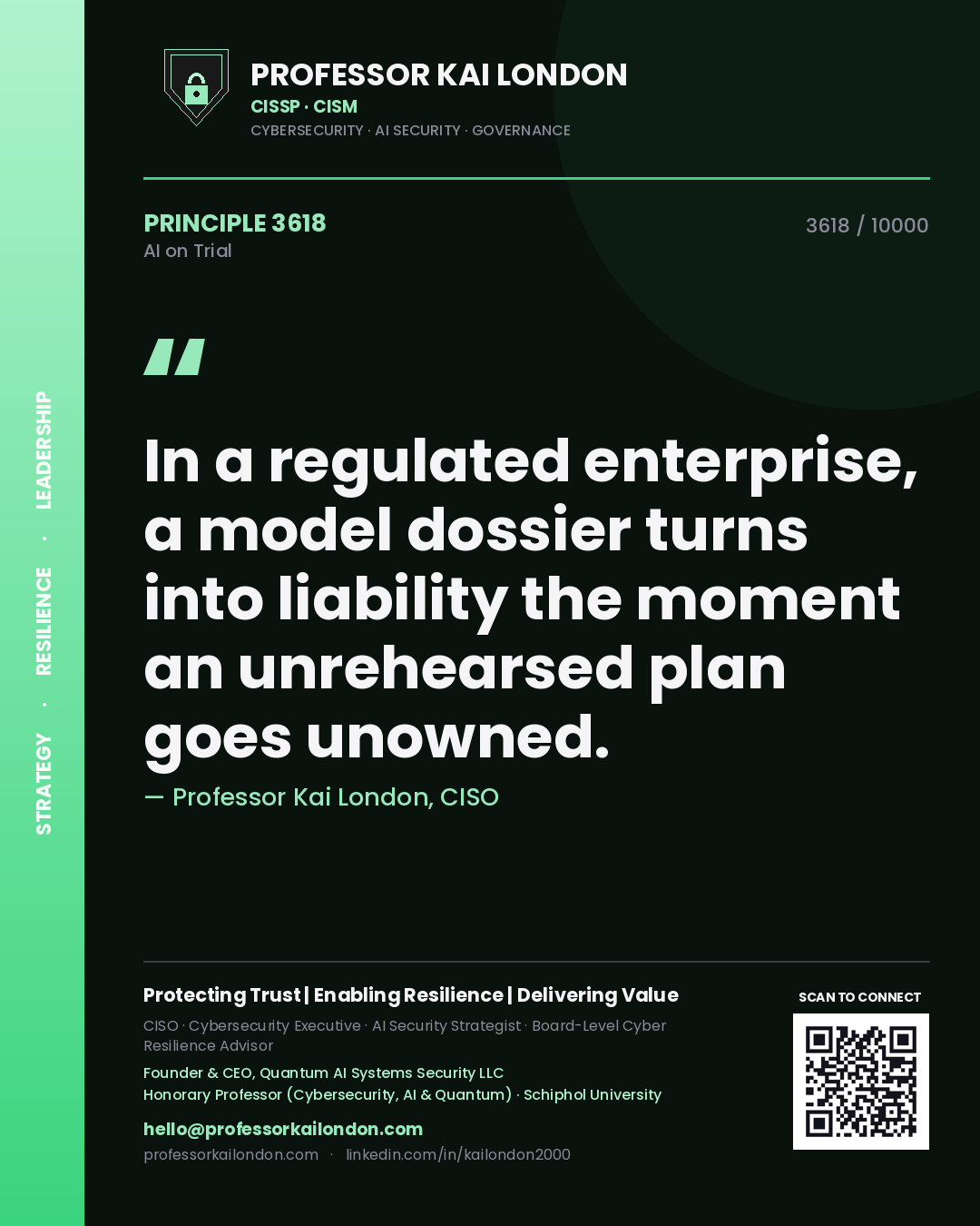 Quote card by Professor Kai London reading 'In a regulated enterprise, a model dossier turns into liability the moment an unrehearsed plan goes unowned.'. From the book AI on Trial.