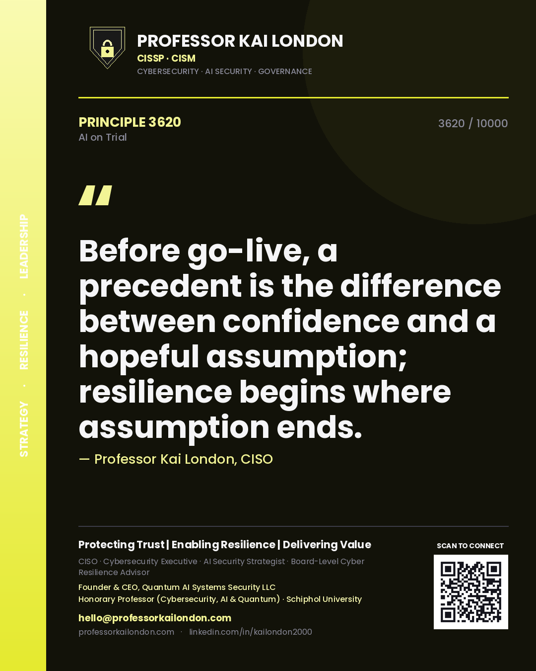 Quote card by Professor Kai London reading 'Before go-live, a precedent is the difference between confidence and a hopeful assumption; resilience begins where assumption ends.'. From the book AI on Trial.