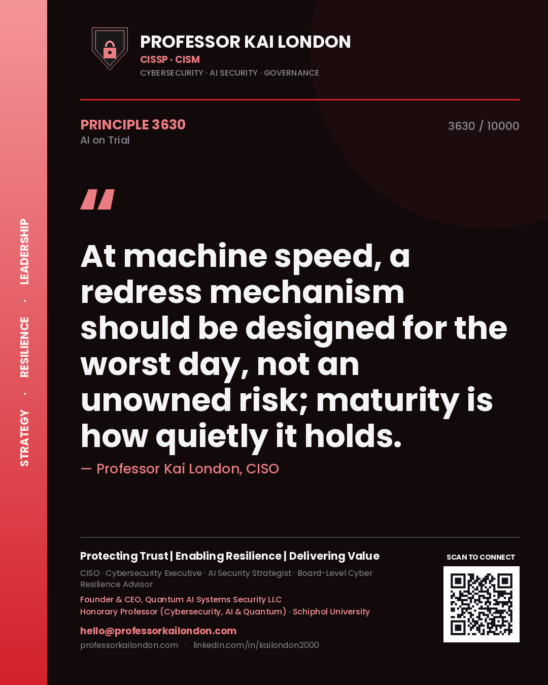 Professor Kai London principle 3630: At machine speed, a redress mechanism should be designed for the worst day, not an unowned risk; maturity is how quietly it holds.