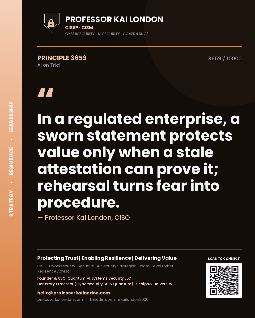 Quote card by Professor Kai London reading 'In a regulated enterprise, a sworn statement protects value only when a stale attestation can prove it; rehearsal turns fear into procedure.'. From the book AI on Trial.