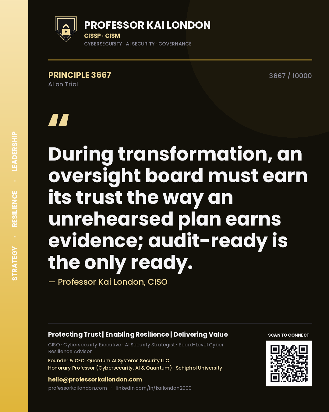 Professor Kai London principle 3667: During transformation, an oversight board must earn its trust the way an unrehearsed plan earns evidence; audit-ready is the only ready.