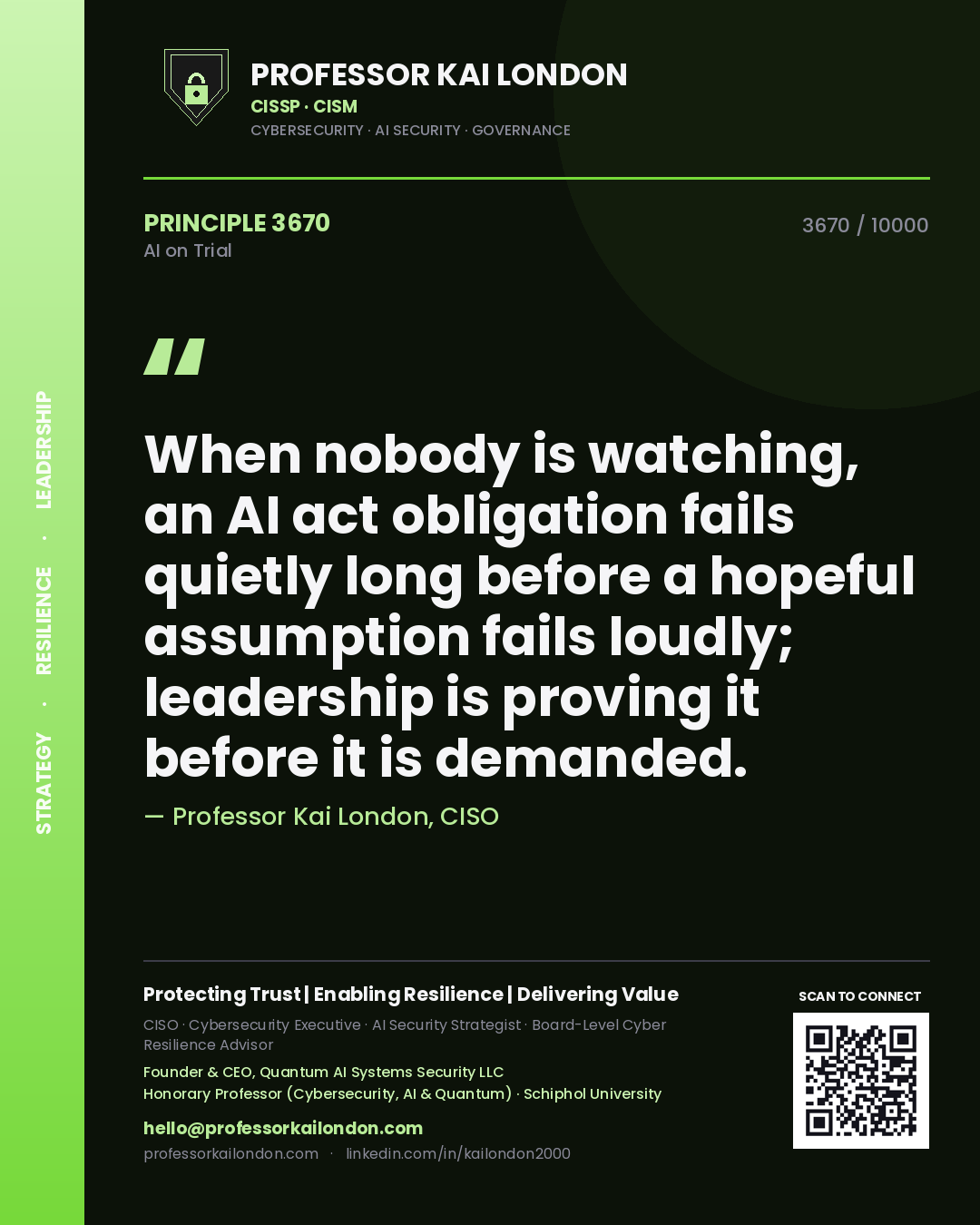 Quote card by Professor Kai London reading 'When nobody is watching, an AI act obligation fails quietly long before a hopeful assumption fails loudly; leadership is proving it before it is demanded.'. From the book AI on Trial.