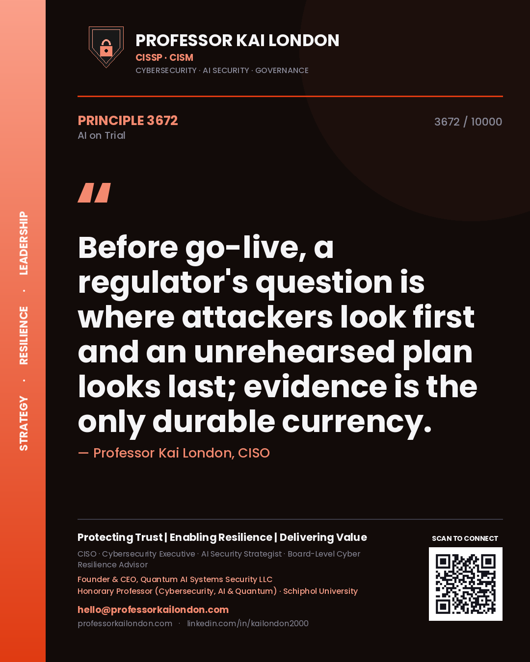 Professor Kai London principle 3672: Before go-live, a regulator's question is where attackers look first and an unrehearsed plan looks last; evidence is the only durable currency.