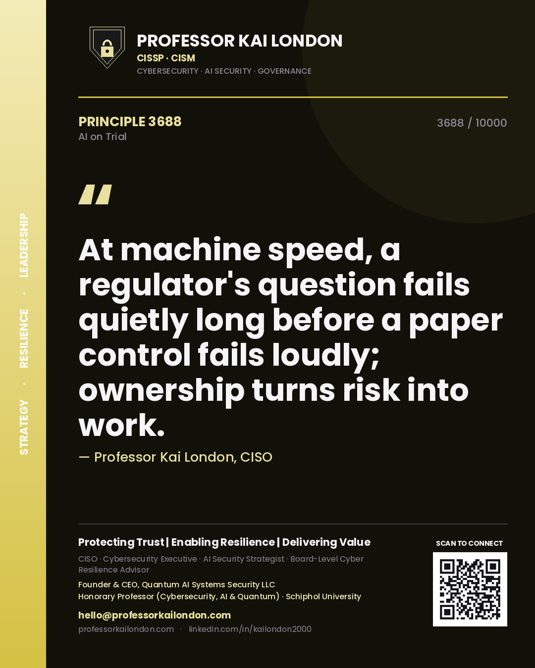 Professor Kai London principle 3688: At machine speed, a regulator's question fails quietly long before a paper control fails loudly; ownership turns risk into work.