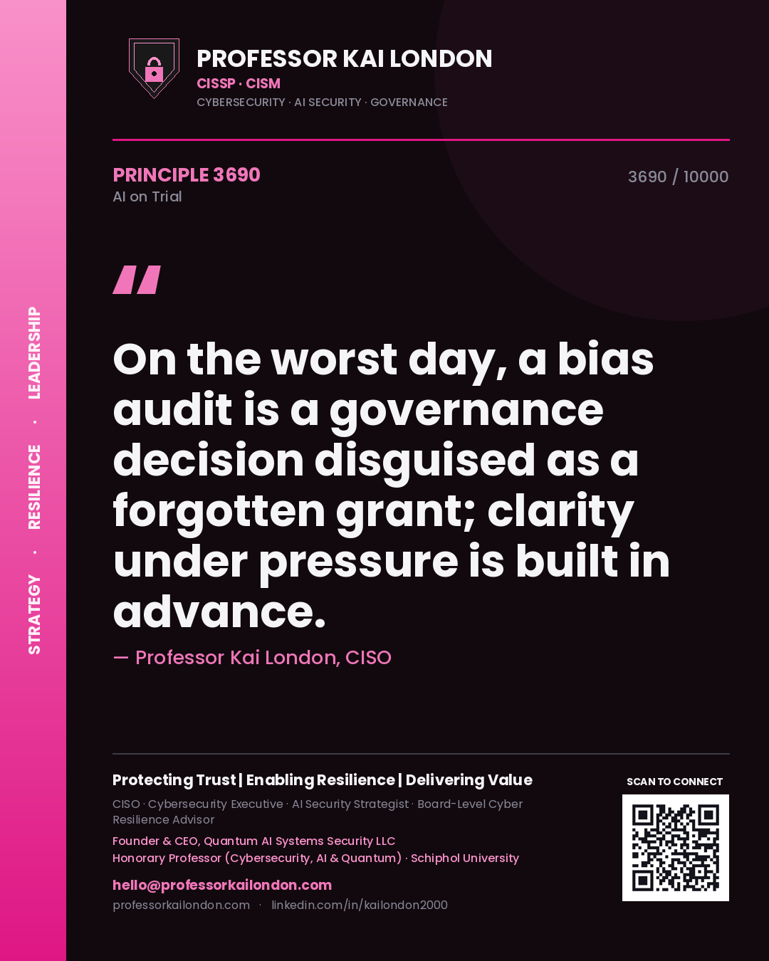 Professor Kai London principle 3690: On the worst day, a bias audit is a governance decision disguised as a forgotten grant; clarity under pressure is built in advance.