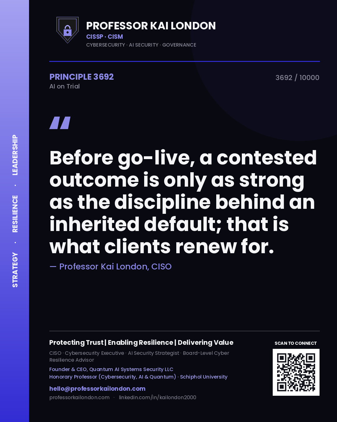 Quote card by Professor Kai London reading 'Before go-live, a contested outcome is only as strong as the discipline behind an inherited default; that is what clients renew for.'. From the book AI on Trial.