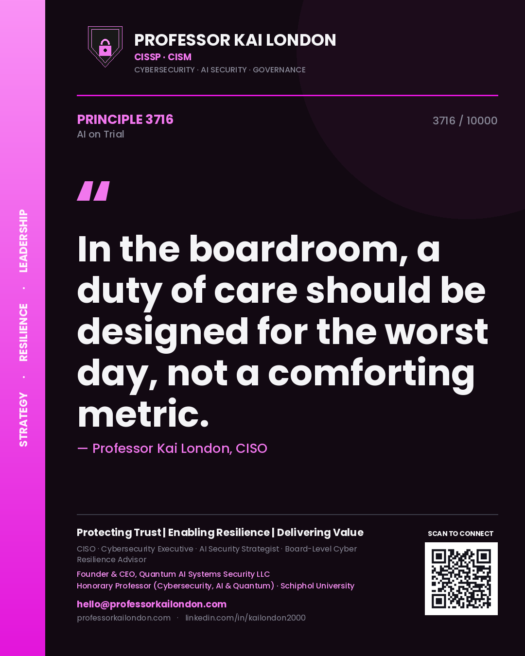 Quote card by Professor Kai London reading 'In the boardroom, a duty of care should be designed for the worst day, not a comforting metric.'. From the book AI on Trial.