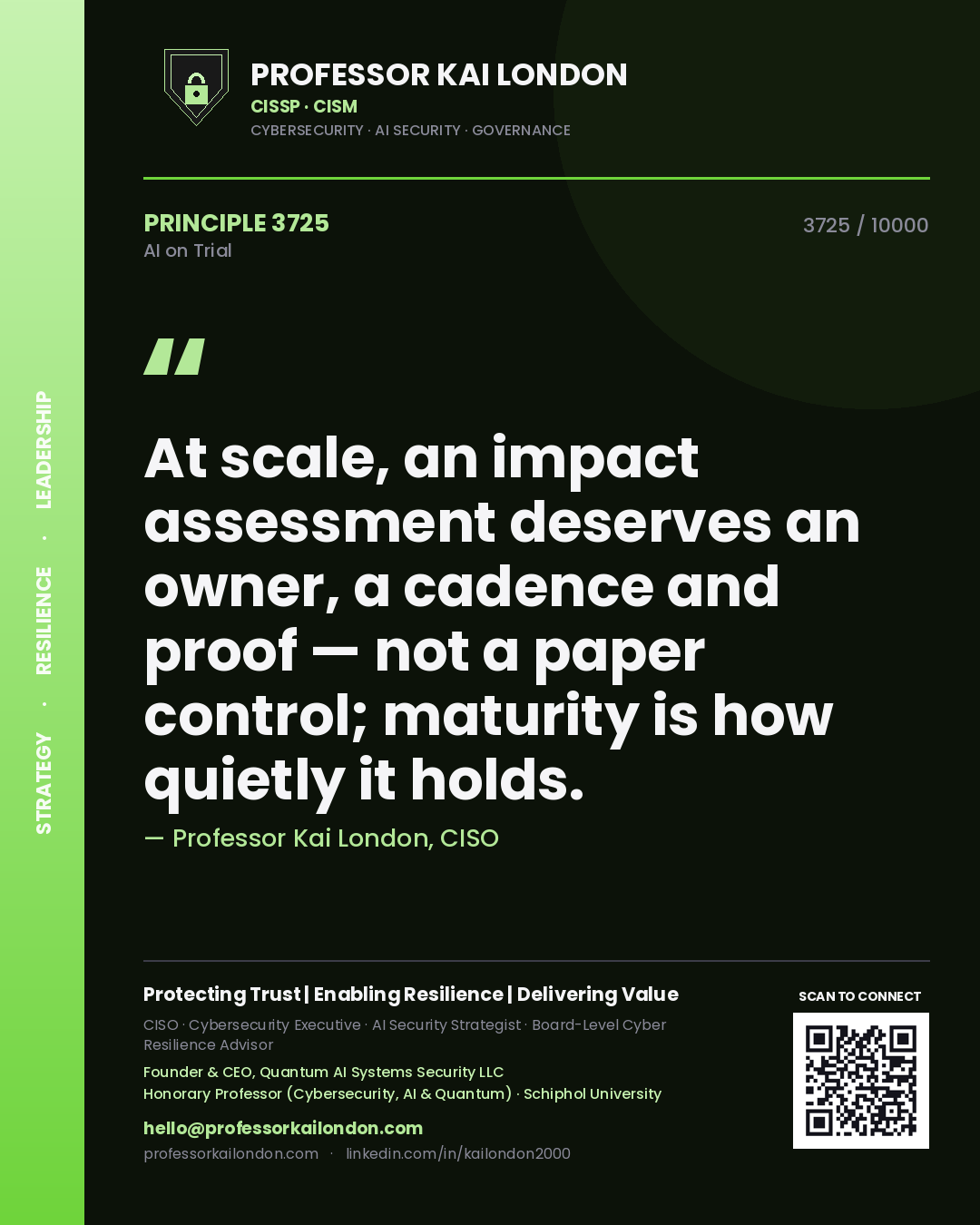 Quote card by Professor Kai London reading 'At scale, an impact assessment deserves an owner, a cadence and proof — not a paper control; maturity is how quietly it holds.'. From the book AI on Trial.
