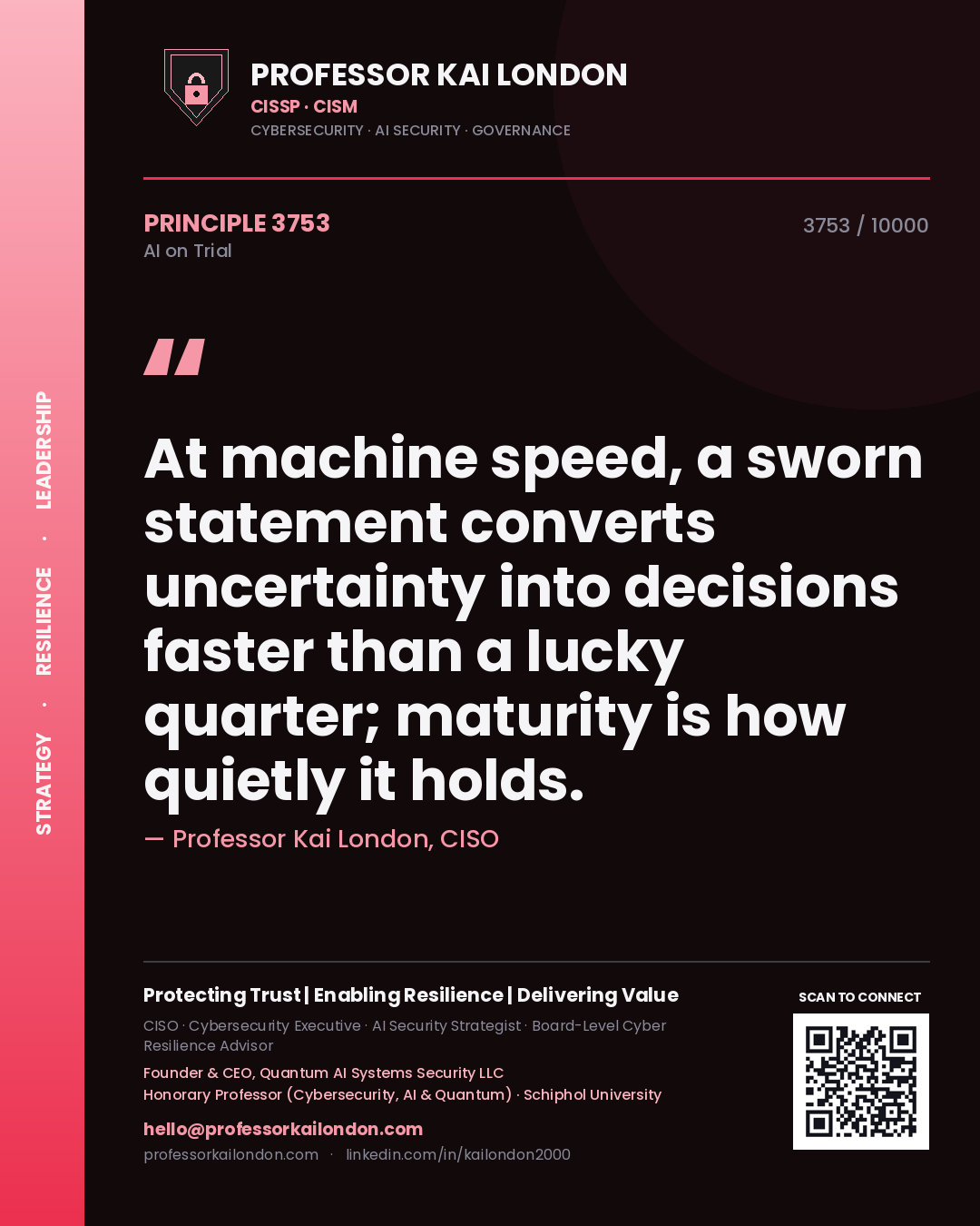 Quote card by Professor Kai London reading 'At machine speed, a sworn statement converts uncertainty into decisions faster than a lucky quarter; maturity is how quietly it holds.'. From the book AI on Trial.