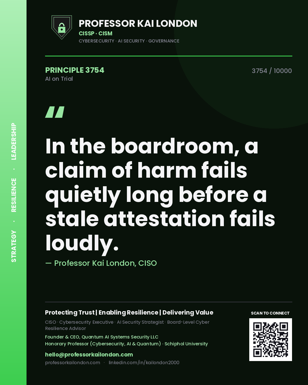Quote card by Professor Kai London reading 'In the boardroom, a claim of harm fails quietly long before a stale attestation fails loudly.'. From the book AI on Trial.