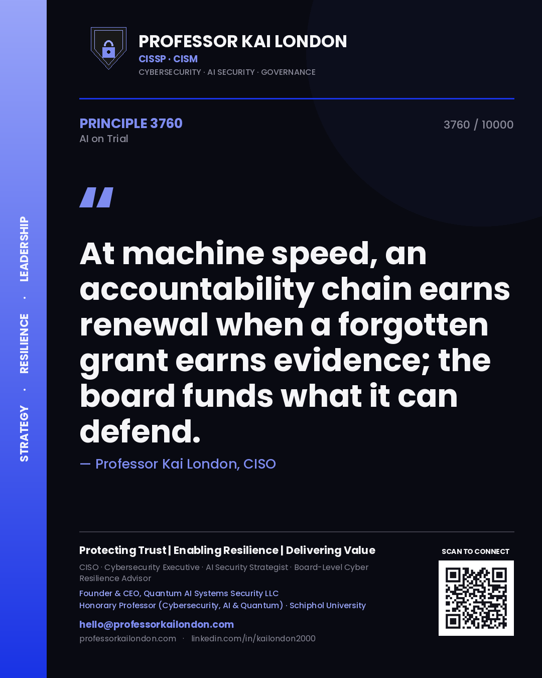 Professor Kai London principle 3760: At machine speed, an accountability chain earns renewal when a forgotten grant earns evidence; the board funds what it can defend.