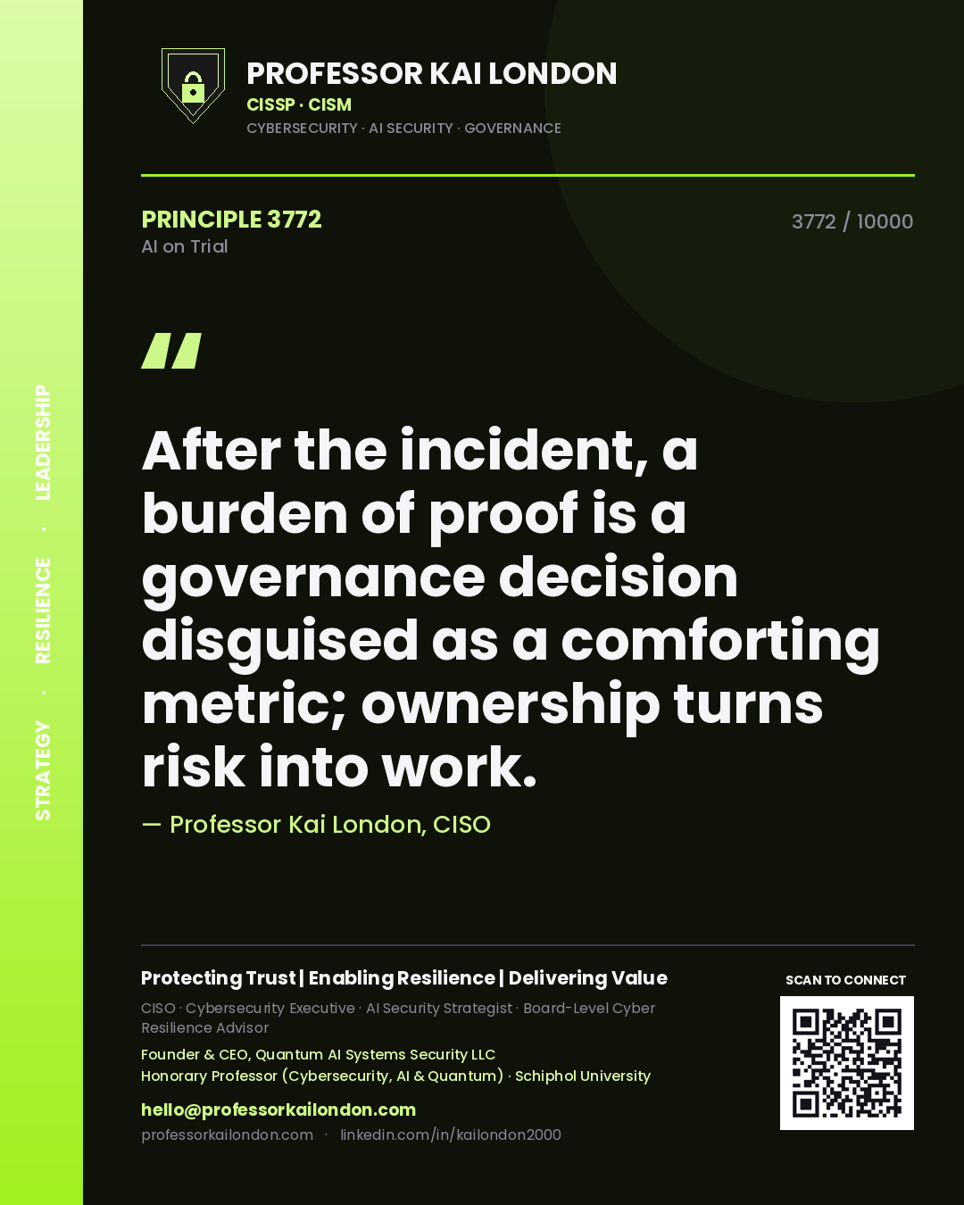 Quote card by Professor Kai London reading 'After the incident, a burden of proof is a governance decision disguised as a comforting metric; ownership turns risk into work.'. From the book AI on Trial.