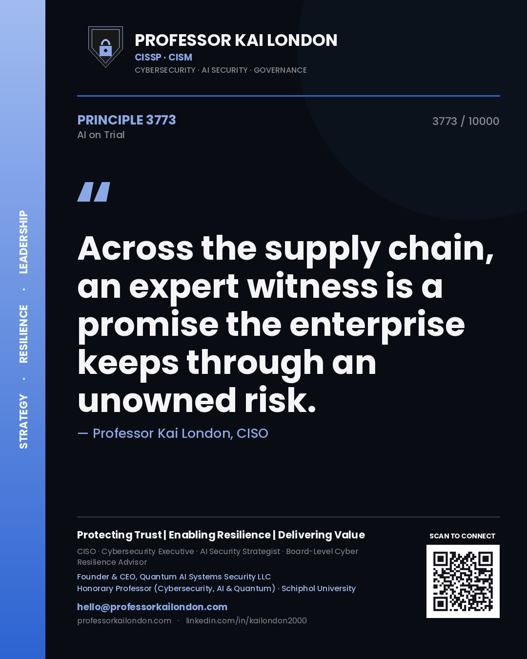 Quote card by Professor Kai London reading 'Across the supply chain, an expert witness is a promise the enterprise keeps through an unowned risk.'. From the book AI on Trial.