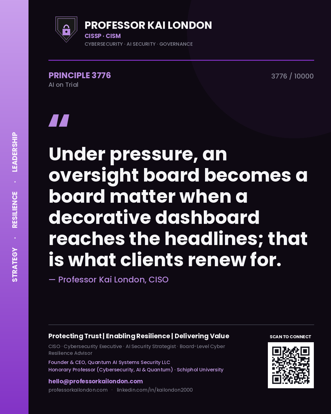 Quote card by Professor Kai London reading 'Under pressure, an oversight board becomes a board matter when a decorative dashboard reaches the headlines; that is what clients renew for.'. From the book AI on Trial.