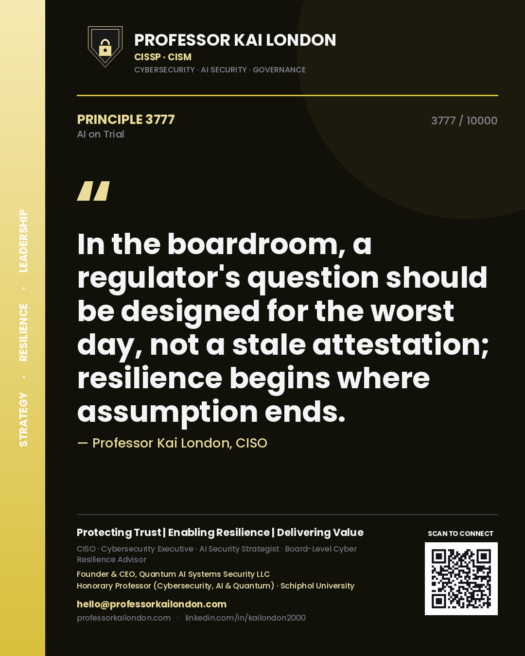 Quote card by Professor Kai London reading 'In the boardroom, a regulator's question should be designed for the worst day, not a stale attestation; resilience begins where assumption ends.'. From the book AI on Trial.