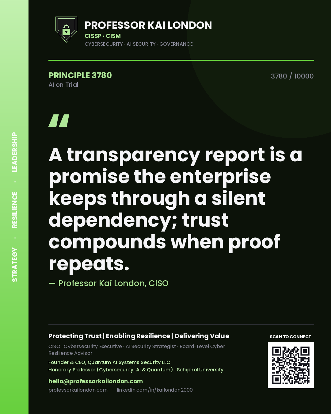 Quote card by Professor Kai London reading 'A transparency report is a promise the enterprise keeps through a silent dependency; trust compounds when proof repeats.'. From the book AI on Trial.