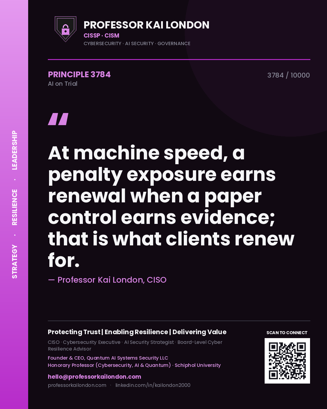 Quote card by Professor Kai London reading 'At machine speed, a penalty exposure earns renewal when a paper control earns evidence; that is what clients renew for.'. From the book AI on Trial.