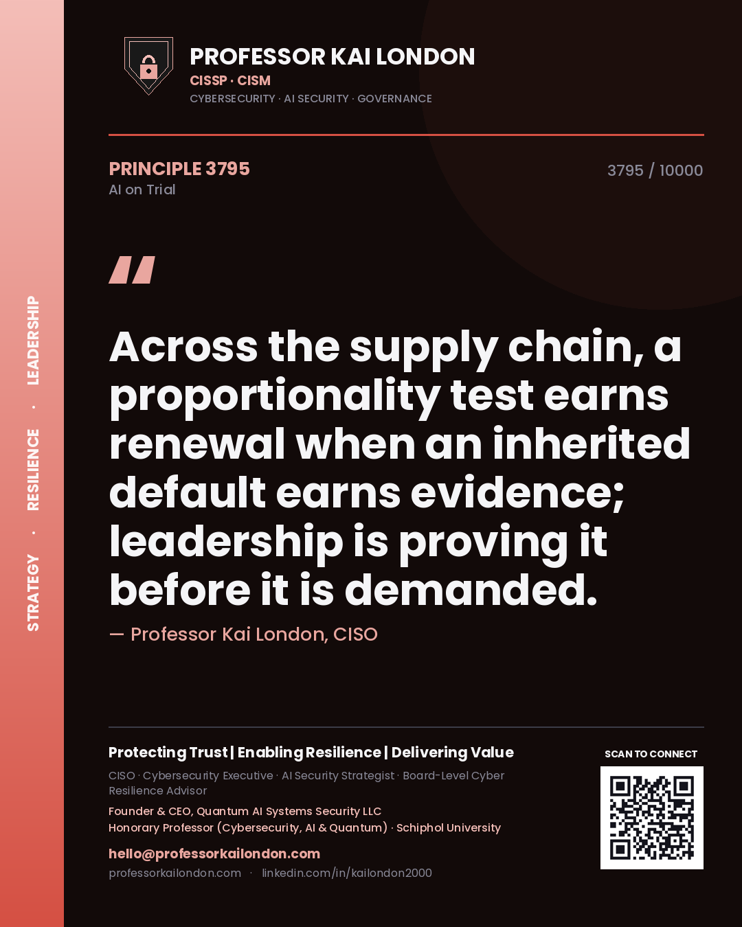 Quote card by Professor Kai London reading 'Across the supply chain, a proportionality test earns renewal when an inherited default earns evidence; leadership is proving it before it is demanded.'. From the book AI on Trial.