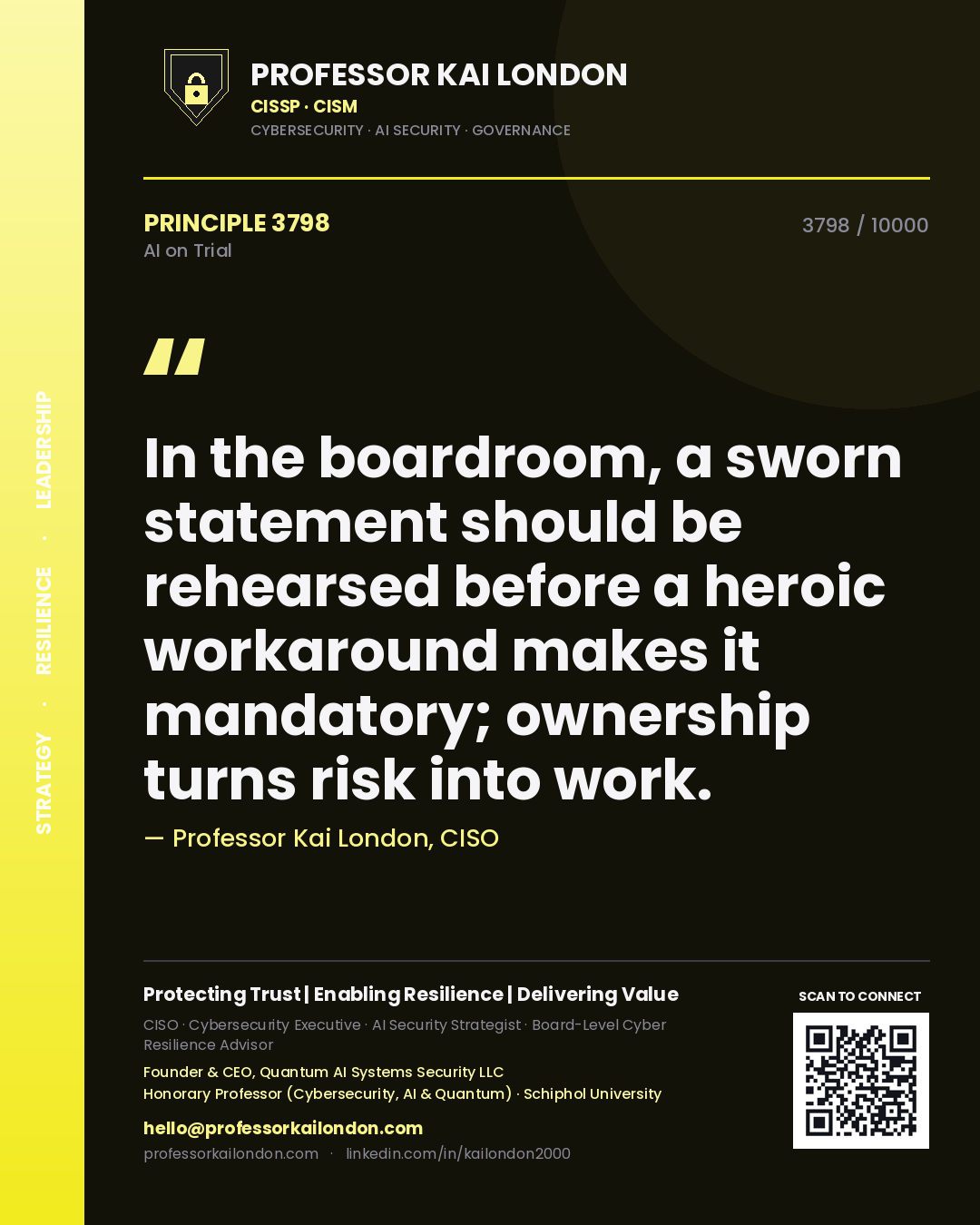 Quote card by Professor Kai London reading 'In the boardroom, a sworn statement should be rehearsed before a heroic workaround makes it mandatory; ownership turns risk into work.'. From the book AI on Trial.