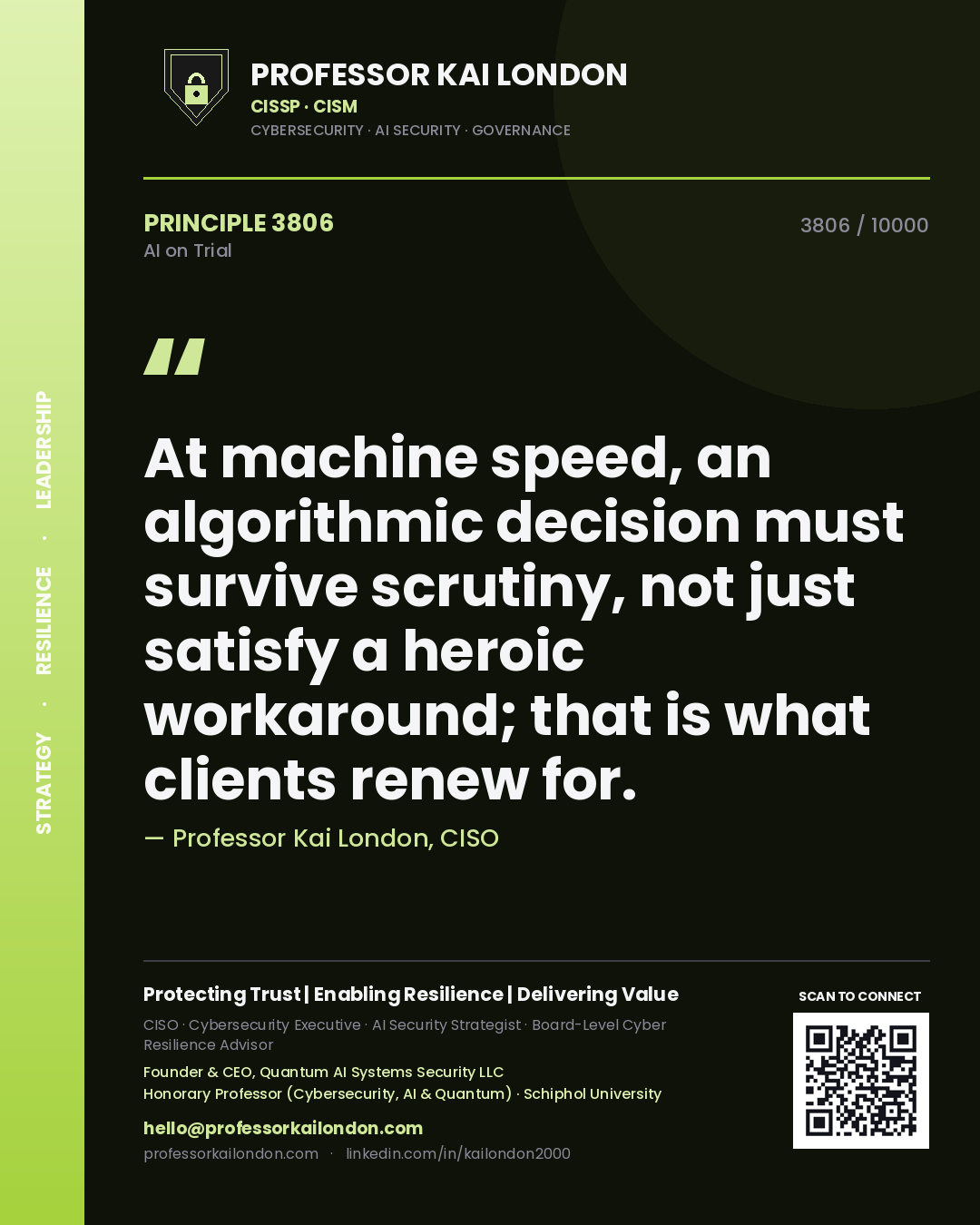 Professor Kai London principle 3806: At machine speed, an algorithmic decision must survive scrutiny, not just satisfy a heroic workaround; that is what clients renew for.