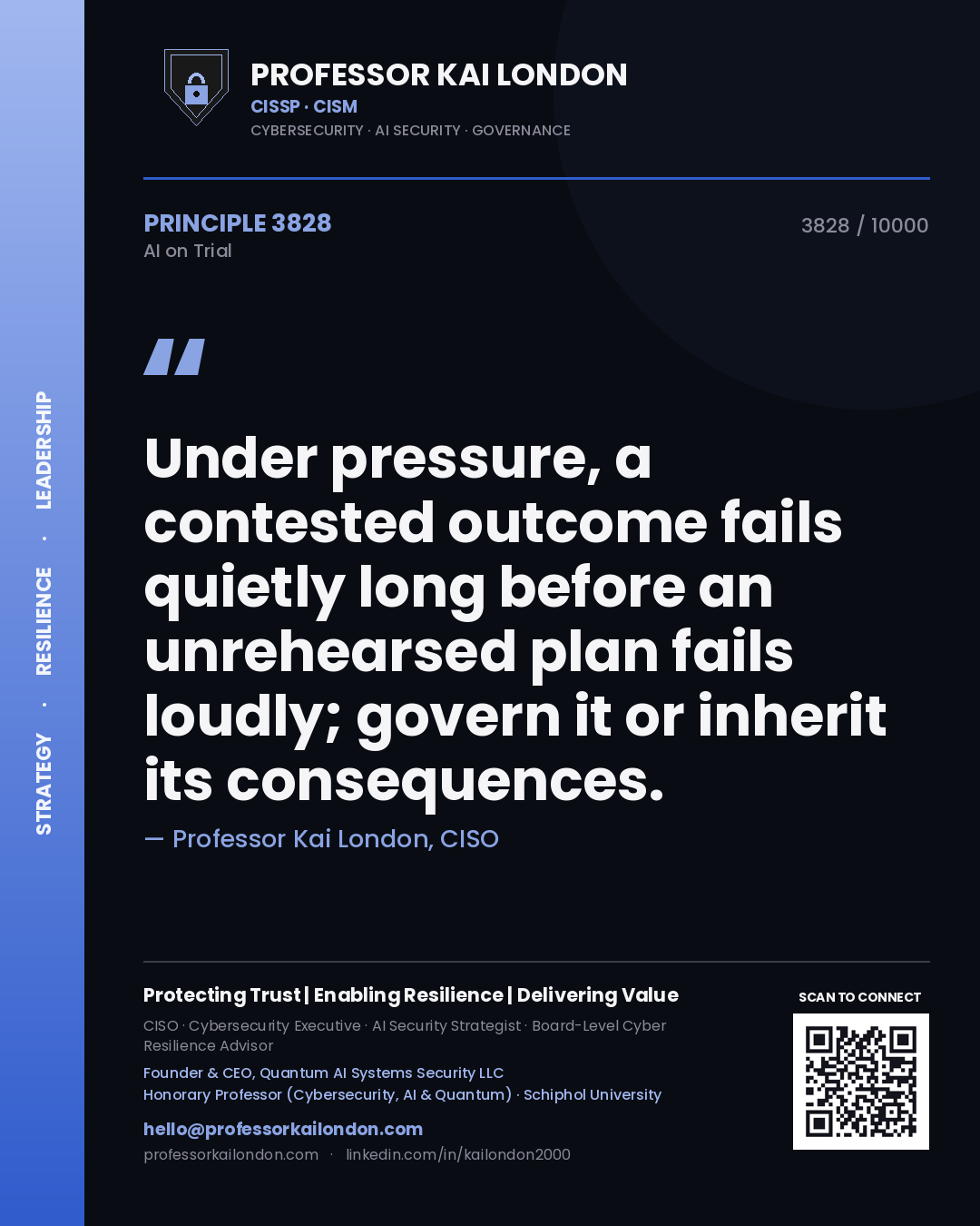 Professor Kai London principle 3828: Under pressure, a contested outcome fails quietly long before an unrehearsed plan fails loudly; govern it or inherit its consequences.