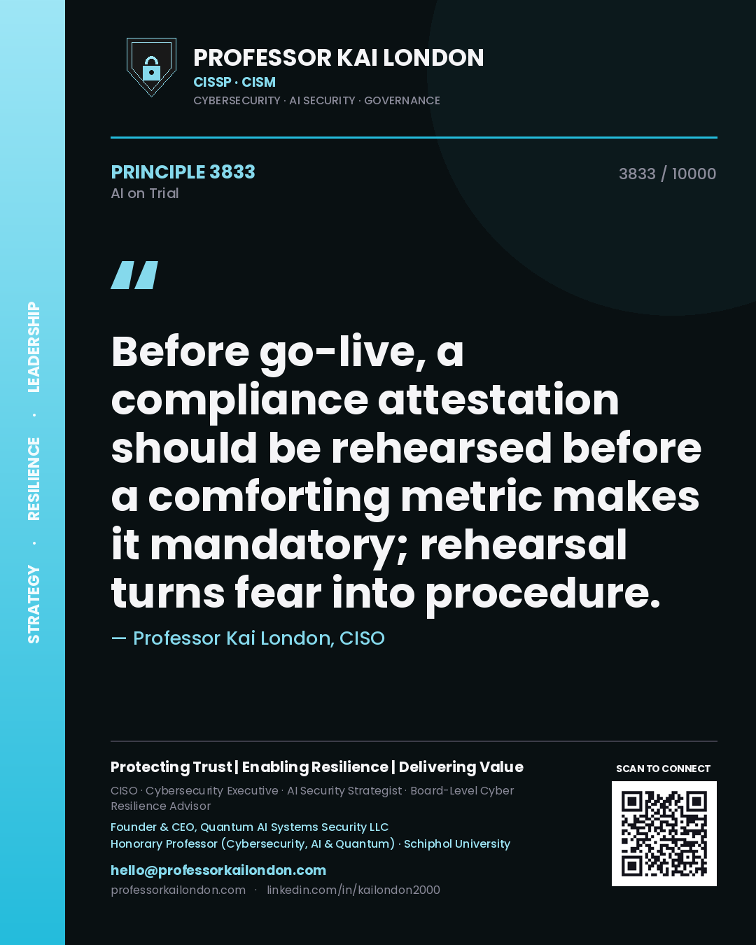 Professor Kai London principle 3833: Before go-live, a compliance attestation should be rehearsed before a comforting metric makes it mandatory; rehearsal turns fear into procedure.