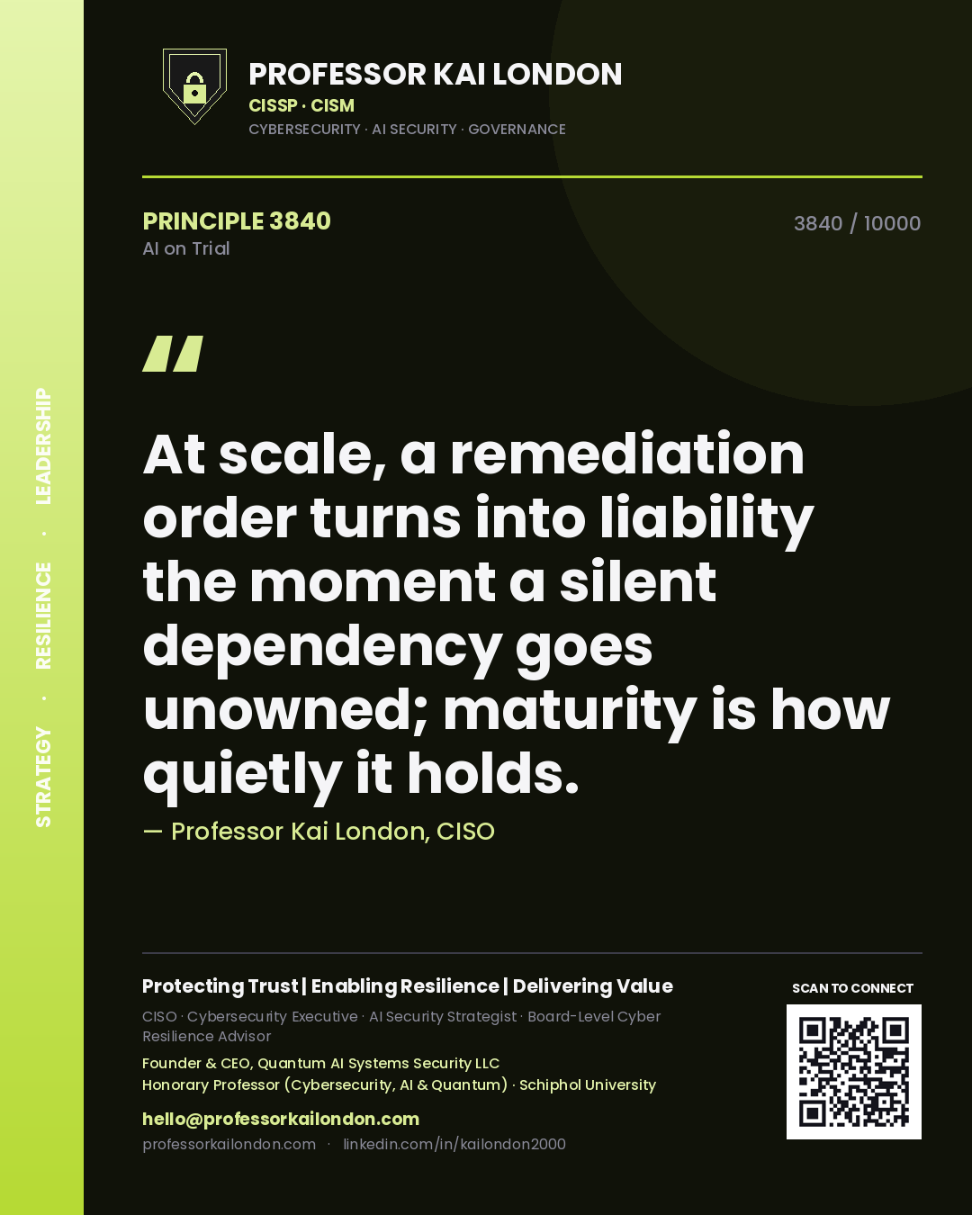 Quote card by Professor Kai London reading 'At scale, a remediation order turns into liability the moment a silent dependency goes unowned; maturity is how quietly it holds.'. From the book AI on Trial.