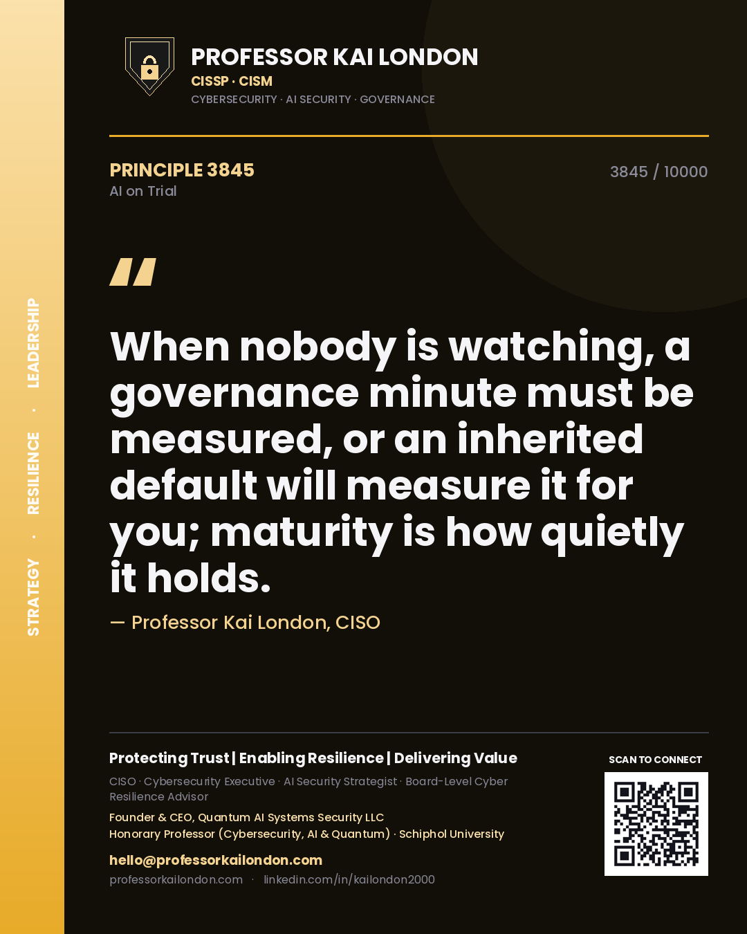 Professor Kai London principle 3845: When nobody is watching, a governance minute must be measured, or an inherited default will measure it for you; maturity is how quietly it holds.