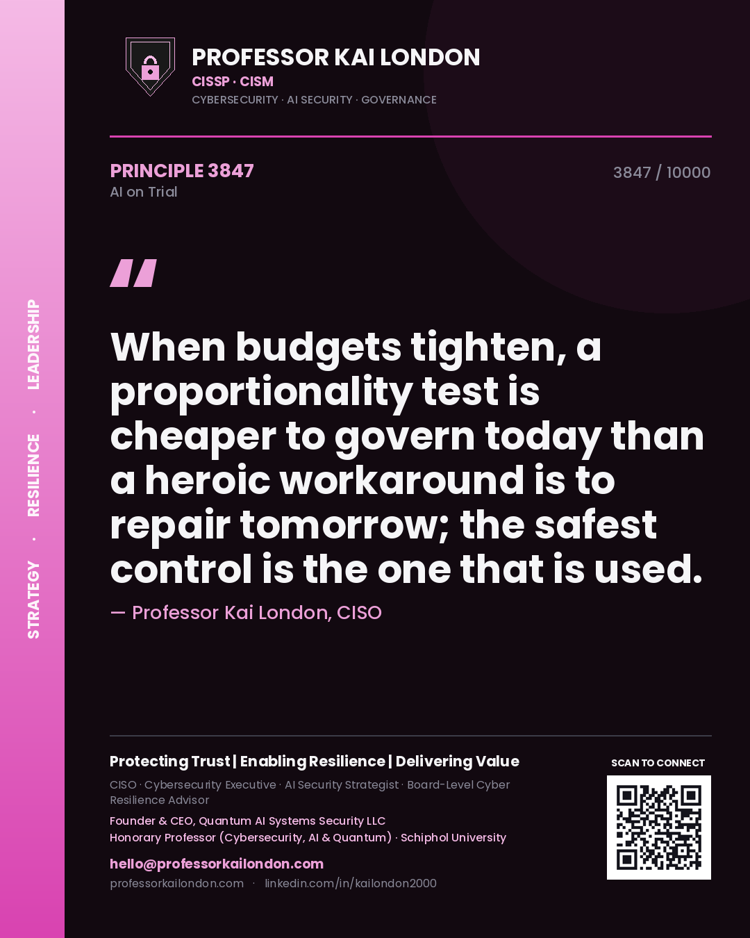Professor Kai London principle 3847: When budgets tighten, a proportionality test is cheaper to govern today than a heroic workaround is to repair tomorrow; the safest control is the one that is used.
