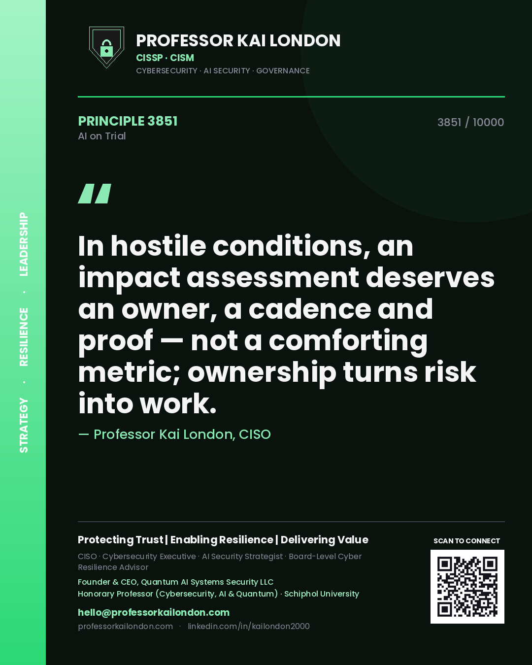 Professor Kai London principle 3851: In hostile conditions, an impact assessment deserves an owner, a cadence and proof — not a comforting metric; ownership turns risk into work.