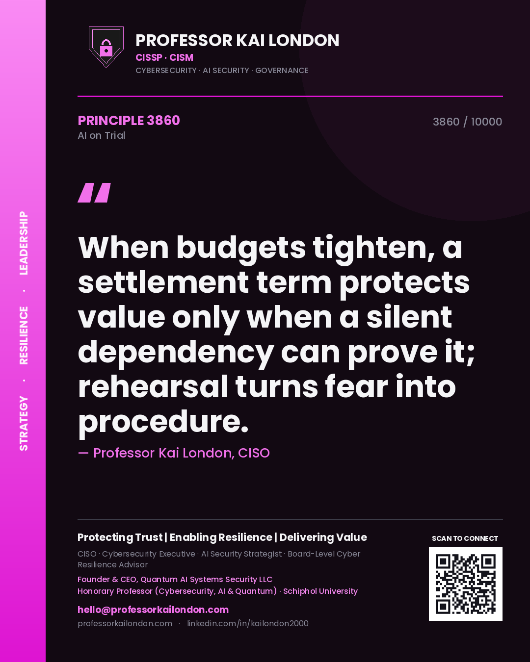 Professor Kai London principle 3860: When budgets tighten, a settlement term protects value only when a silent dependency can prove it; rehearsal turns fear into procedure.