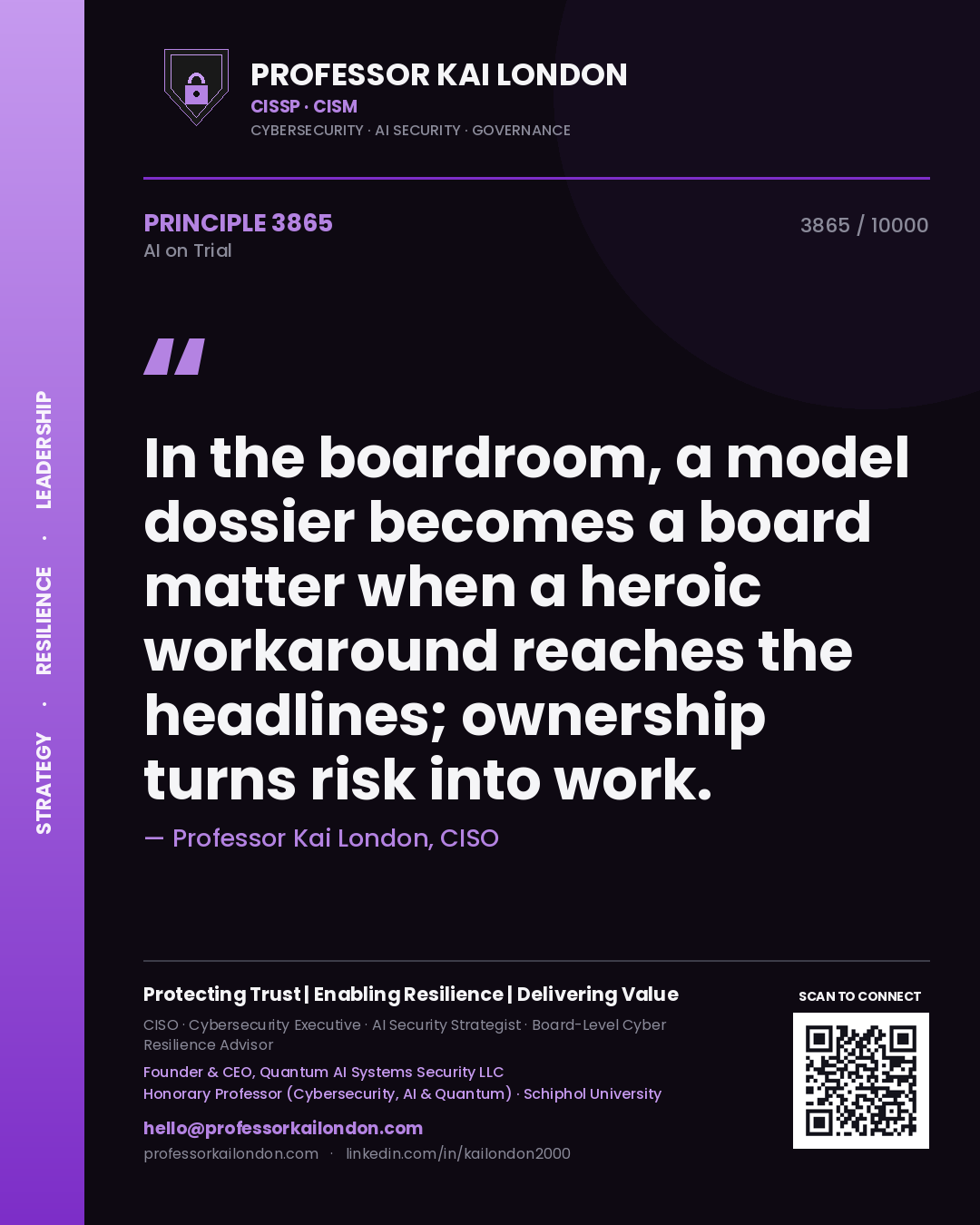 Professor Kai London principle 3865: In the boardroom, a model dossier becomes a board matter when a heroic workaround reaches the headlines; ownership turns risk into work.