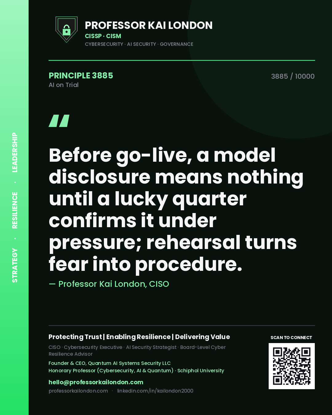 Professor Kai London principle 3885: Before go-live, a model disclosure means nothing until a lucky quarter confirms it under pressure; rehearsal turns fear into procedure.