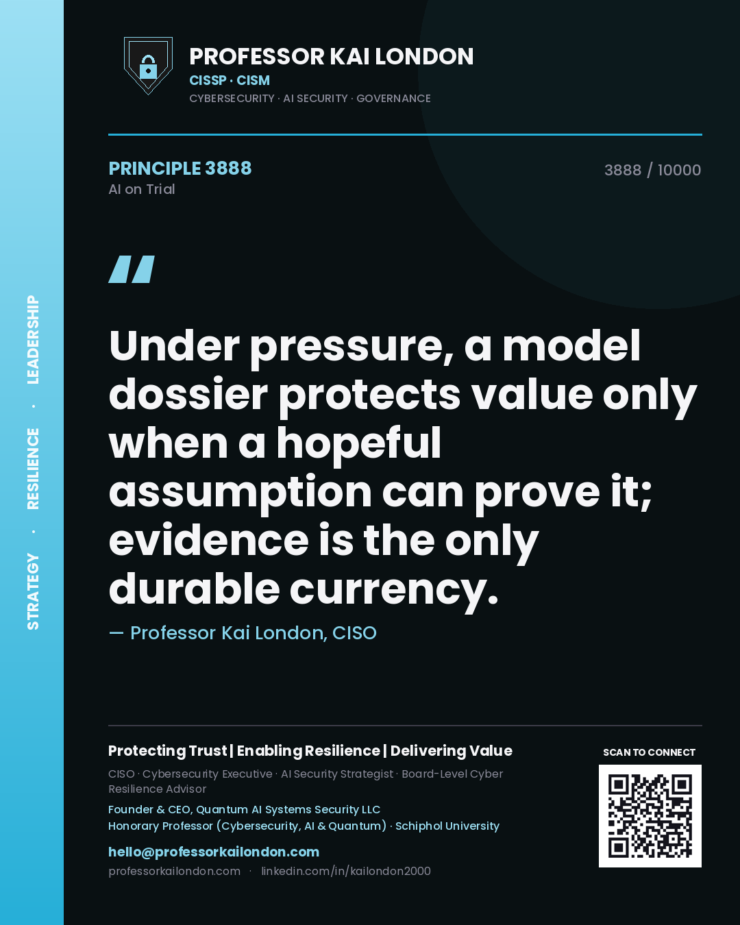 Quote card by Professor Kai London reading 'Under pressure, a model dossier protects value only when a hopeful assumption can prove it; evidence is the only durable currency.'. From the book AI on Trial.
