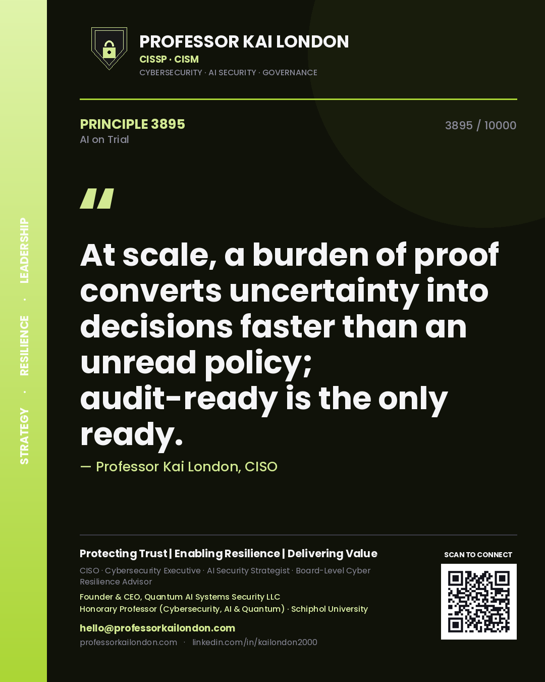 Professor Kai London principle 3895: At scale, a burden of proof converts uncertainty into decisions faster than an unread policy; audit-ready is the only ready.