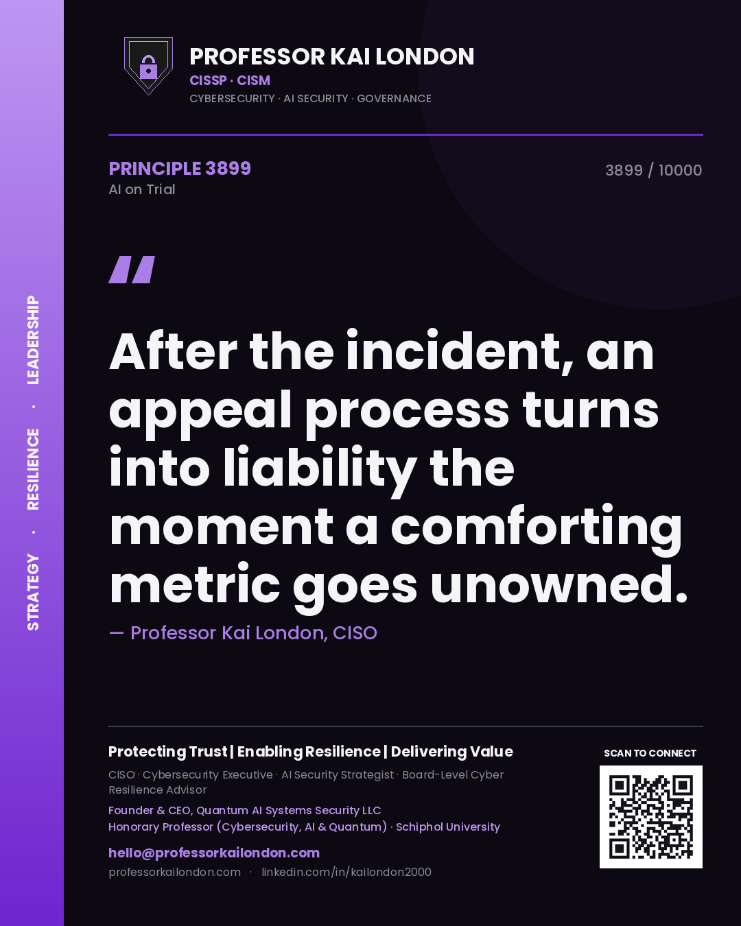 Quote card by Professor Kai London reading 'After the incident, an appeal process turns into liability the moment a comforting metric goes unowned.'. From the book AI on Trial.