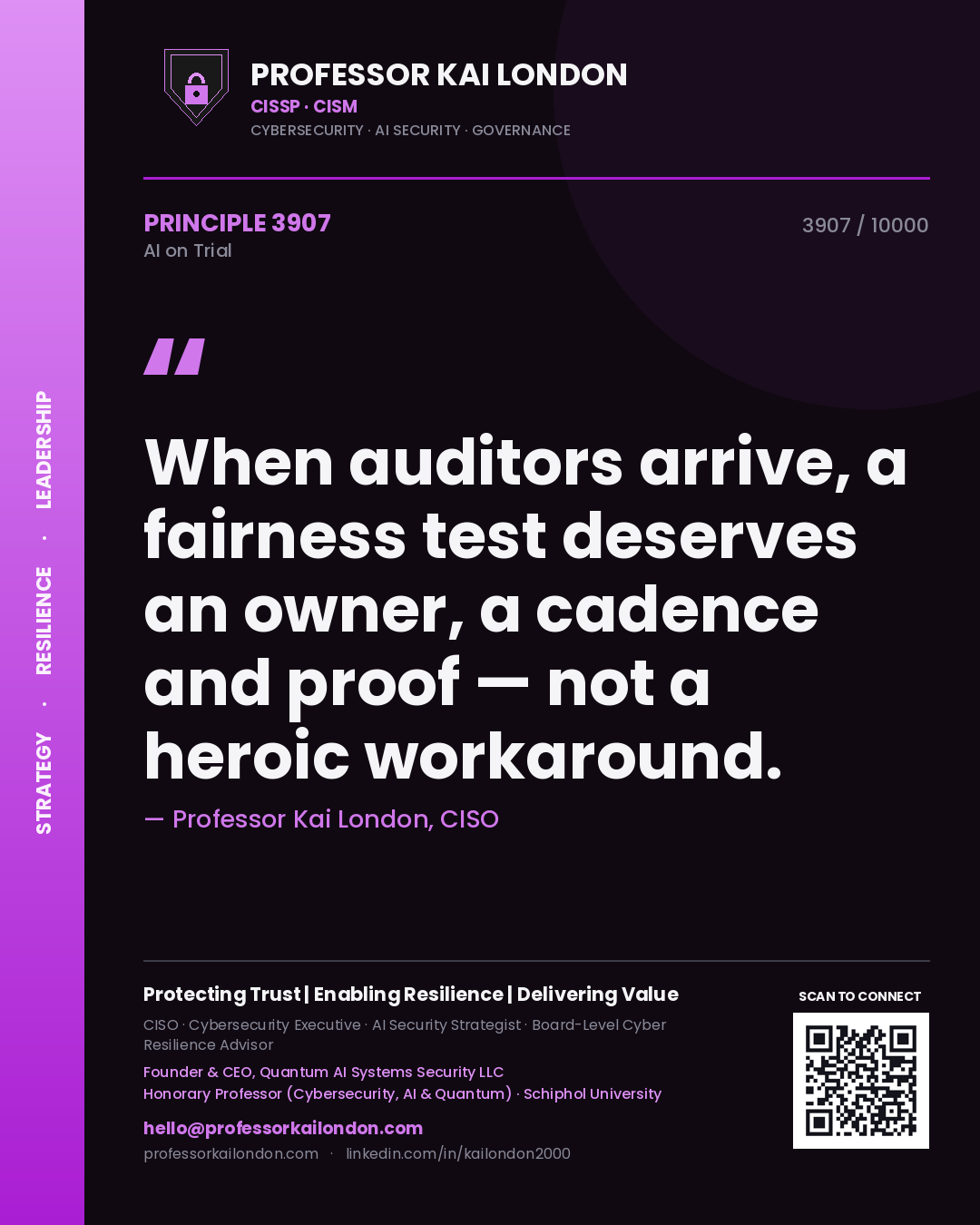 Professor Kai London principle 3907: When auditors arrive, a fairness test deserves an owner, a cadence and proof — not a heroic workaround.
