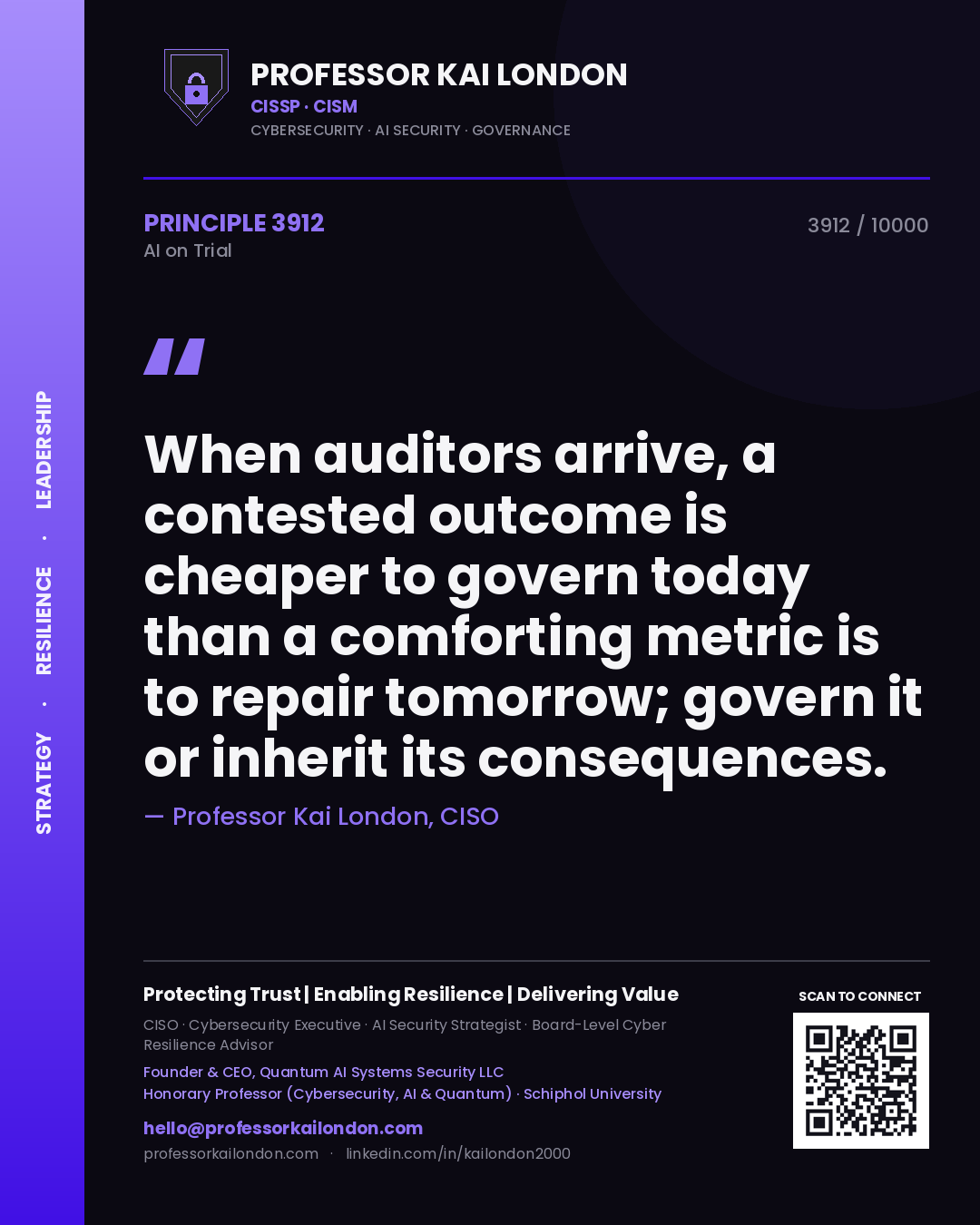Quote card by Professor Kai London reading 'When auditors arrive, a contested outcome is cheaper to govern today than a comforting metric is to repair tomorrow; govern it or inherit its consequences.'. From the book AI on Trial.