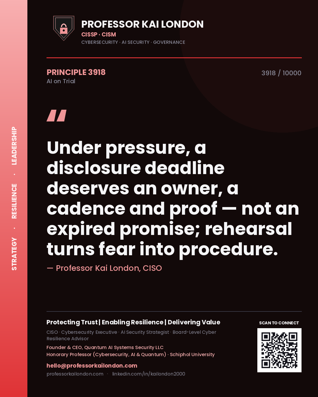 Professor Kai London principle 3918: Under pressure, a disclosure deadline deserves an owner, a cadence and proof — not an expired promise; rehearsal turns fear into procedure.