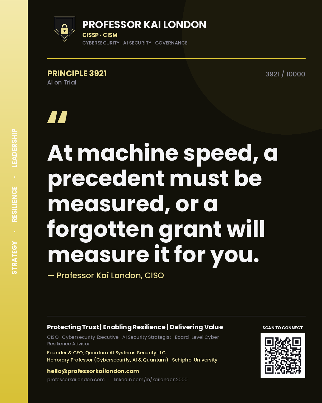 Quote card by Professor Kai London reading 'At machine speed, a precedent must be measured, or a forgotten grant will measure it for you.'. From the book AI on Trial.