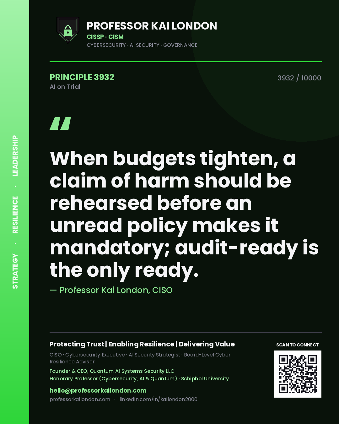 Professor Kai London principle 3932: When budgets tighten, a claim of harm should be rehearsed before an unread policy makes it mandatory; audit-ready is the only ready.